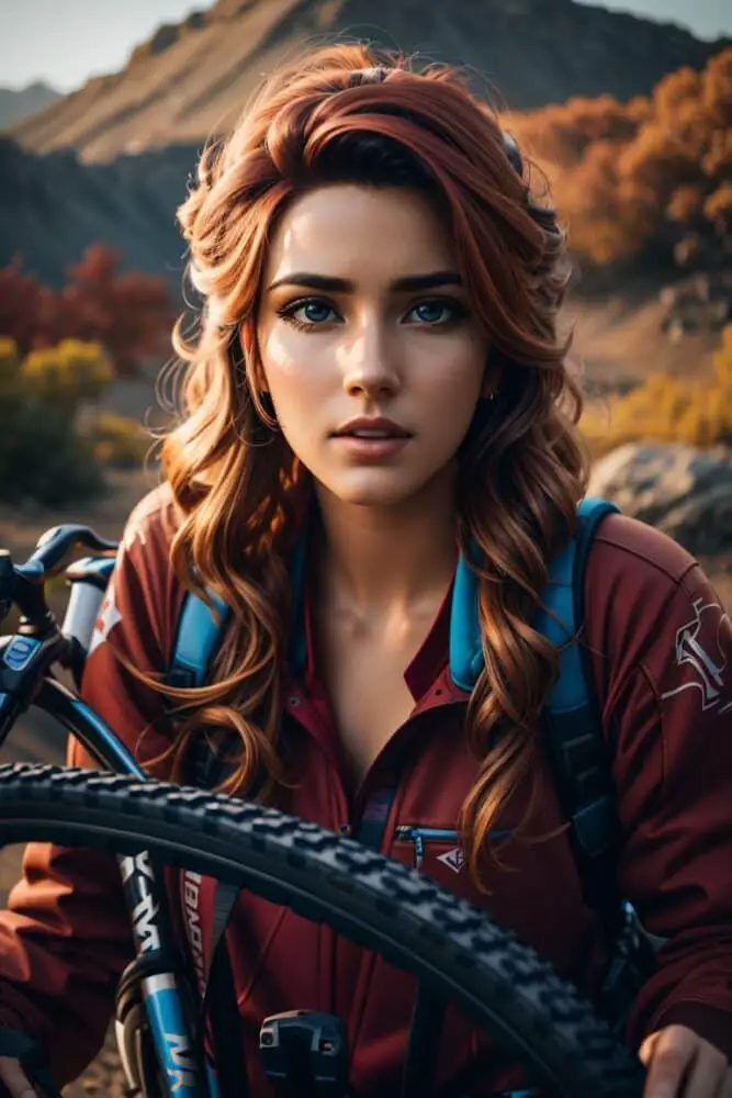 A vibrant cinematic photo of a beautiful woman holding a mountain bike tire with a puzzled look on her face, high-quality, octane render