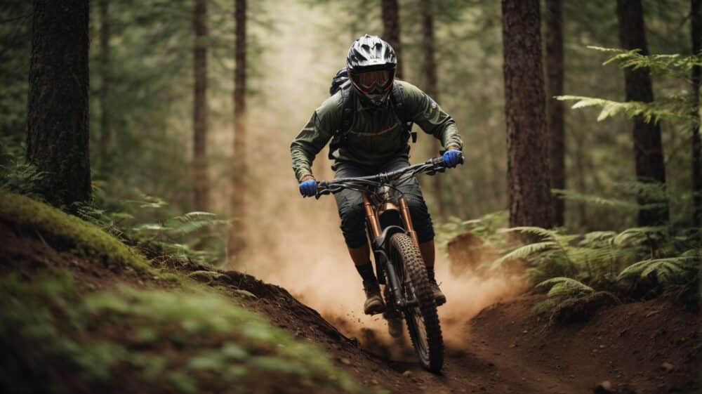Full Suspension For Downhill Mountain Biking, Realistic Photograph, The rider, decked out in mountain biking gear,