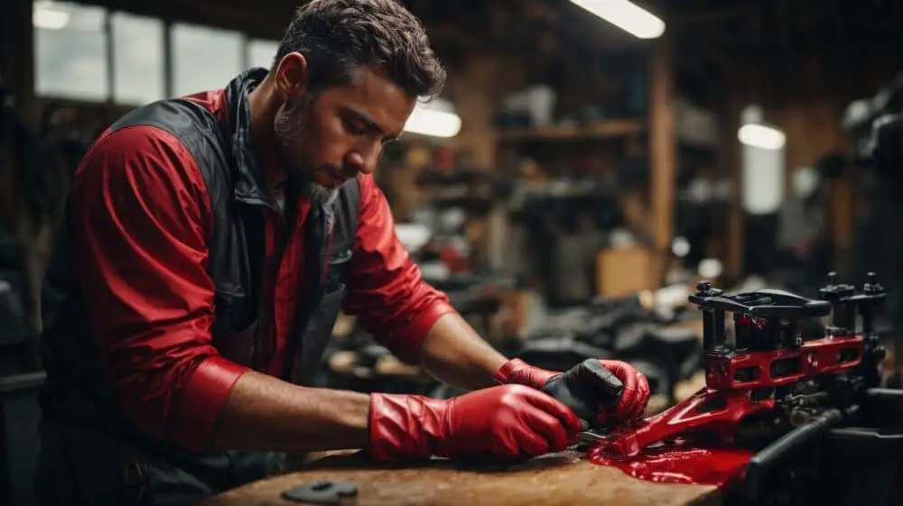 A man in a workshop, carefully bleeding the brakes of his mountain bike, the red liquid dripping slowly from the calipers. He is wearing rubber gloves